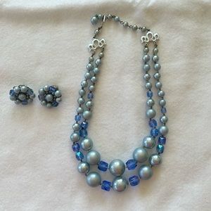 Vintage Blue Double Strand Beaded Necklace with Matching Clip Earrings.